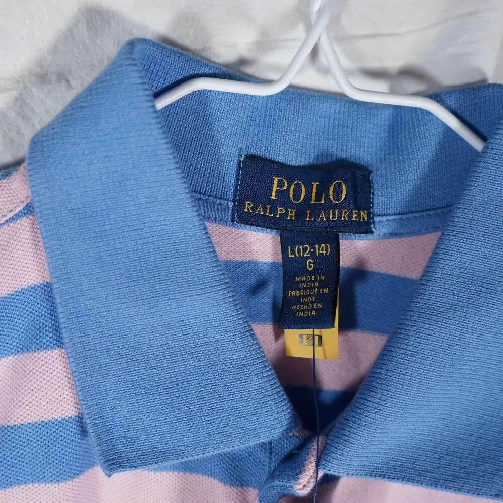 NWT Polo Ralph Lauren Girls Sleeveless Striped Dress Blue Pink Ruffle Large